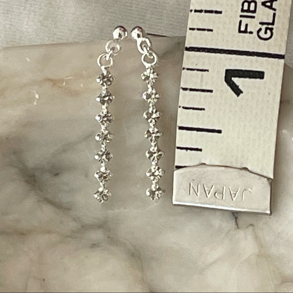 Sterling Silver 925 long rhinestone earrings minimalist prom wedding bridal - Picture 10 of 10